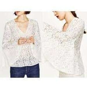 Zara Woman White Floral Lace V-Neck Bell Sleeve Blouse MEDIUM Boho Coquette
